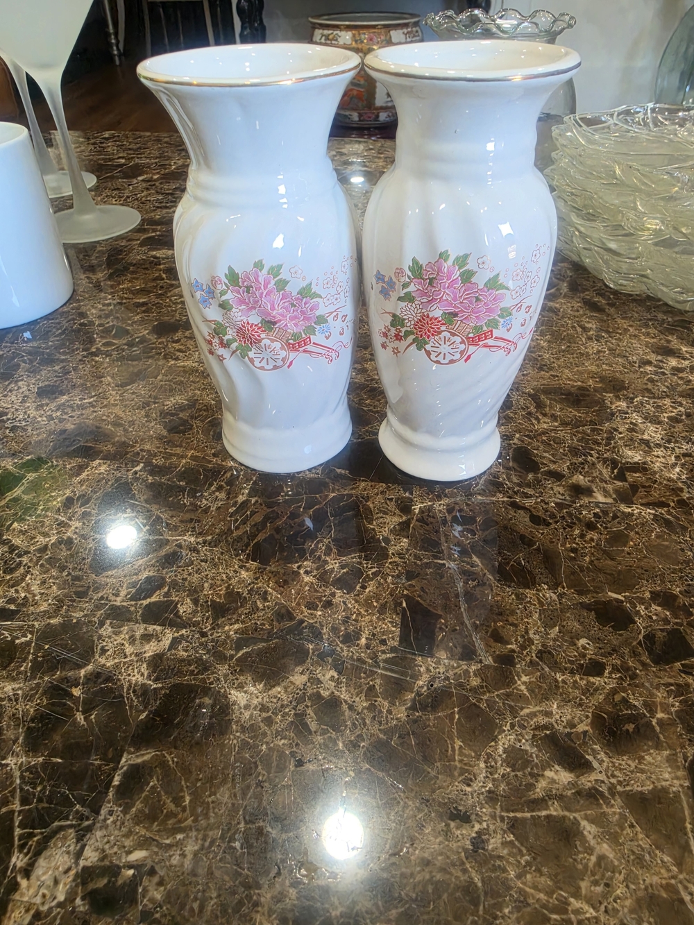 Source Unknown White Porcelain Vases with Pink Floral Cartwheel Motif